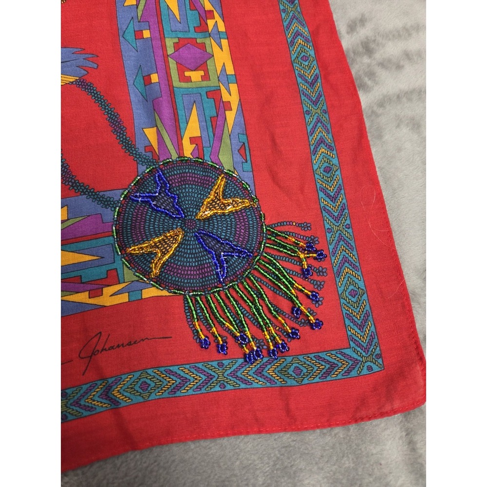 Ginnie Johansen Vintage Square Scarf Native American Dream‎ Catcher Beaded 31x32 - Picture 2 of 8